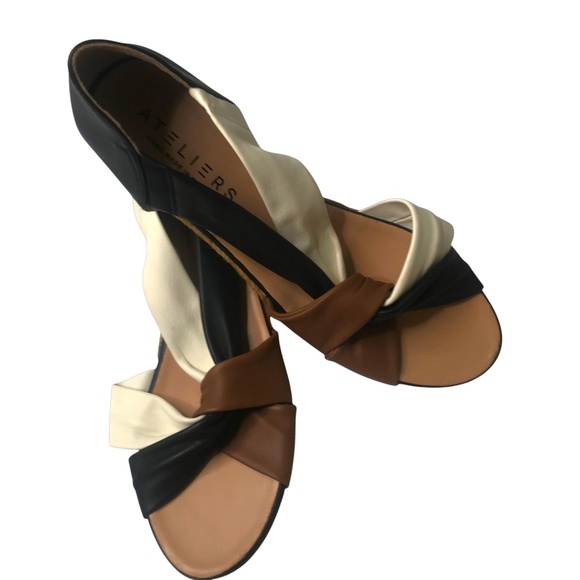 Ateliers Leather Colorblock Wedge Sandals Handmade in Spain - Picture 1 of 7